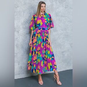 Flying Tomato Multicolor Floral Pleated Maxi Dress - Pink, Blue, Yellow, Green